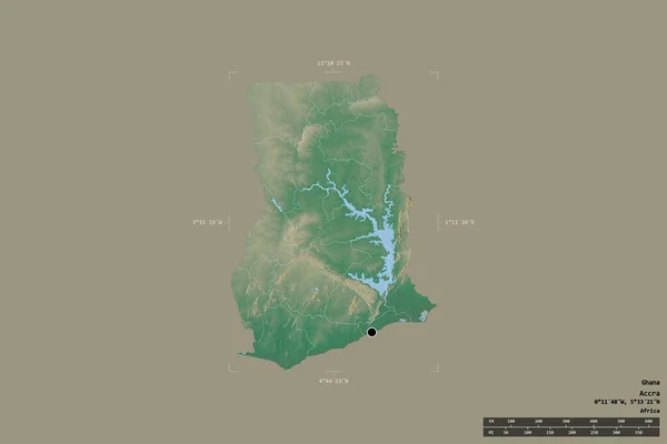 Area of Ghana isolated on a solid background in a georeferenced bounding box. Main regional division, distance scale, labels. Topographic relief map. 3D rendering