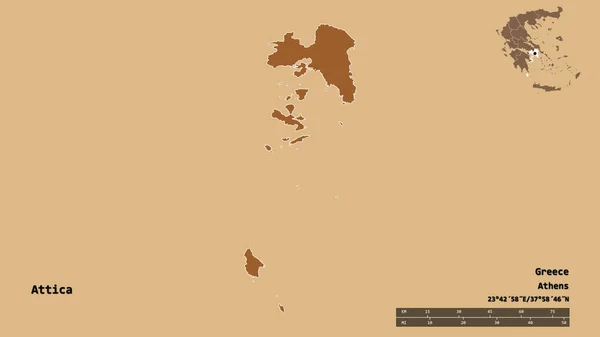 阿提卡的形状 希腊的分权管理 其首都孤立在坚实的背景下 距离尺度 区域预览和标签 图形纹理的组成 3D渲染 — 图库照片