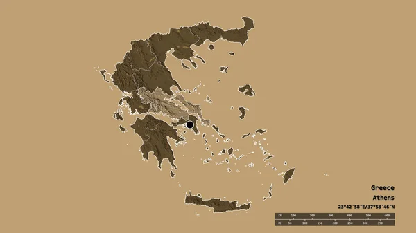 主要な地域部門と分離された中央ギリシャ地域とギリシャの荒廃した形状 ラベル 色の標高マップ 3Dレンダリング — ストック写真