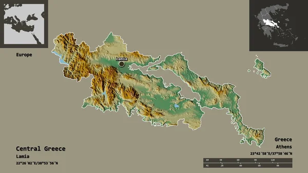 Shape of Central Greece, decentralized administration of Greece, and its capital. Distance scale, previews and labels. Topographic relief map. 3D rendering