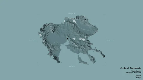Area of Central Macedonia, decentralized administration of Greece, isolated on a solid background in a georeferenced bounding box. Labels. Colored elevation map. 3D rendering