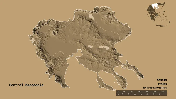 Shape of Central Macedonia, decentralized administration of Greece, with its capital isolated on solid background. Distance scale, region preview and labels. Colored elevation map. 3D rendering