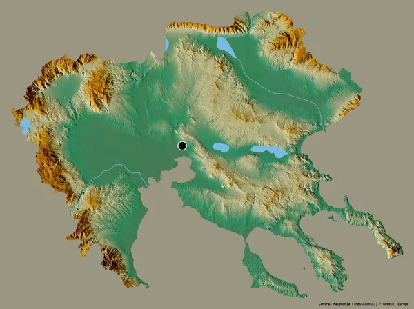 Shape of Central Macedonia, decentralized administration of Greece, with its capital isolated on a solid color background. Topographic relief map. 3D rendering