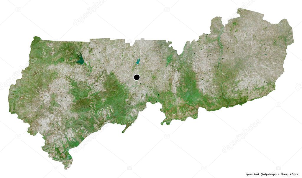 Shape of Upper East, region of Ghana, with its capital isolated on white background. Satellite imagery. 3D rendering