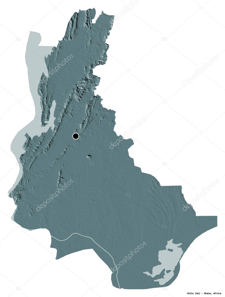 Shape of Volta, region of Ghana, with its capital isolated on white background. Colored elevation map. 3D rendering