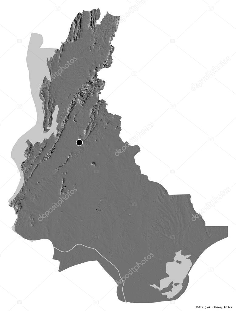Shape of Volta, region of Ghana, with its capital isolated on white background. Bilevel elevation map. 3D rendering
