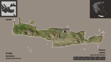 Girit 'in şekli, Yunanistan' ın merkezi yönetilmesi ve başkenti. Uzaklık ölçeği, ön gösterimler ve etiketler. Uydu görüntüleri. 3B görüntüleme