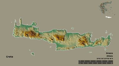 Yunanistan 'ın merkezi olmayan Girit' in şekli, sermayesi sağlam arka planda izole edilmiş. Uzaklık ölçeği, bölge önizlemesi ve etiketleri. Topografik yardım haritası. 3B görüntüleme