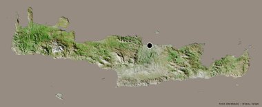 Yunanistan 'ın merkezden uzaklaştırılmış yönetimi olan Girit' in şekli, sermayesi sağlam bir renk arka planına izole edilmiş. Uydu görüntüleri. 3B görüntüleme