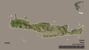 Yunanistan 'ın merkezi olmayan Girit' in şekli, sermayesi sağlam arka planda izole edilmiş. Uzaklık ölçeği, bölge önizlemesi ve etiketleri. Uydu görüntüleri. 3B görüntüleme