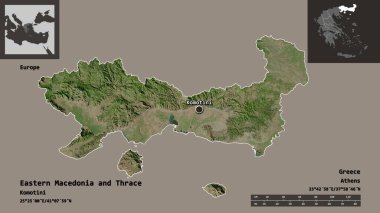 Doğu Makedonya ve Trakya 'nın şekli, Yunanistan' ın ademi merkeziyeti ve başkenti. Uzaklık ölçeği, ön gösterimler ve etiketler. Uydu görüntüleri. 3B görüntüleme
