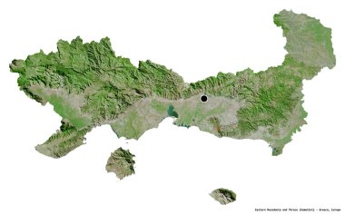 Doğu Makedonya ve Trakya 'nın şekli, Yunanistan' ın merkeziyetçi idaresi, başkenti beyaz arka planda izole edilmiş. Uydu görüntüleri. 3B görüntüleme