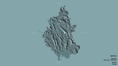 Yunanistan 'ın merkezi yönetim merkezi olmayan Epirus bölgesi, bir sınır kutusunda sağlam bir arka planda izole edildi. Etiketler. Renkli yükseklik haritası. 3B görüntüleme