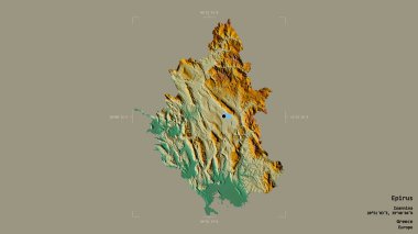 Yunanistan 'ın merkezi yönetim merkezi olmayan Epirus bölgesi, bir sınır kutusunda sağlam bir arka planda izole edildi. Etiketler. Topografik yardım haritası. 3B görüntüleme