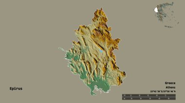 Yunanistan 'ın merkezden uzaklaştırılmış yönetimi Epirus' un şekli ve sermayesi sağlam bir arka planda izole edilmiş. Uzaklık ölçeği, bölge önizlemesi ve etiketleri. Topografik yardım haritası. 3B görüntüleme