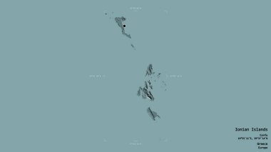 İyon Adaları 'nın alanı, Yunanistan' ın ademi merkeziyetçilikten arındırılmış yönetimi, Gürcistan sınırındaki bir kutunun sağlam bir arka planında izole edilmiş. Etiketler. Renkli yükseklik haritası. 3B görüntüleme