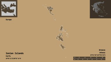 İyon Adaları 'nın şekli, Yunanistan' ın ademi merkeziyeti ve başkenti. Uzaklık ölçeği, ön gösterimler ve etiketler. Renkli yükseklik haritası. 3B görüntüleme