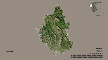 Yunanistan 'ın merkezden uzaklaştırılmış yönetimi Epirus' un şekli ve sermayesi sağlam bir arka planda izole edilmiş. Uzaklık ölçeği, bölge önizlemesi ve etiketleri. Uydu görüntüleri. 3B görüntüleme