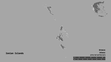İyon Adaları 'nın şekli, Yunanistan' ın merkeziyetçilikten arındırılmış yönetimi, sermayesi sağlam arka planda izole edilmiş. Uzaklık ölçeği, bölge önizlemesi ve etiketleri. Çift seviyeli yükseklik haritası. 3B görüntüleme