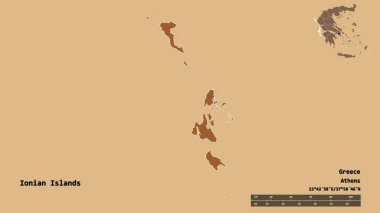 İyon Adaları 'nın şekli, Yunanistan' ın merkeziyetçilikten arındırılmış yönetimi, sermayesi sağlam arka planda izole edilmiş. Uzaklık ölçeği, bölge önizlemesi ve etiketleri. Desenli dokuların bileşimi. 3B görüntüleme