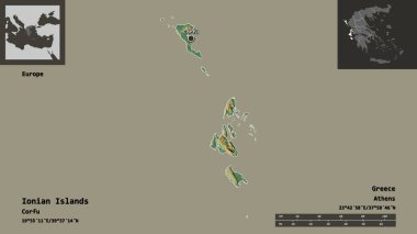 İyon Adaları 'nın şekli, Yunanistan' ın ademi merkeziyeti ve başkenti. Uzaklık ölçeği, ön gösterimler ve etiketler. Topografik yardım haritası. 3B görüntüleme