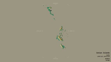 İyon Adaları 'nın alanı, Yunanistan' ın ademi merkeziyetçilikten arındırılmış yönetimi, Gürcistan sınırındaki bir kutunun sağlam bir arka planında izole edilmiş. Etiketler. Topografik yardım haritası. 3B görüntüleme