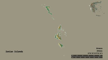 İyon Adaları 'nın şekli, Yunanistan' ın merkeziyetçilikten arındırılmış yönetimi, sermayesi sağlam arka planda izole edilmiş. Uzaklık ölçeği, bölge önizlemesi ve etiketleri. Topografik yardım haritası. 3B görüntüleme