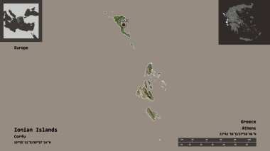 İyon Adaları 'nın şekli, Yunanistan' ın ademi merkeziyeti ve başkenti. Uzaklık ölçeği, ön gösterimler ve etiketler. Uydu görüntüleri. 3B görüntüleme