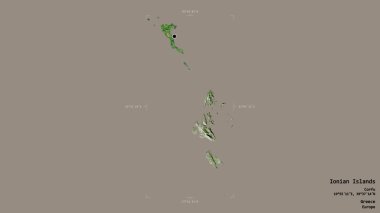 İyon Adaları 'nın alanı, Yunanistan' ın ademi merkeziyetçilikten arındırılmış yönetimi, Gürcistan sınırındaki bir kutunun sağlam bir arka planında izole edilmiş. Etiketler. Uydu görüntüleri. 3B görüntüleme