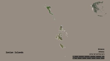 İyon Adaları 'nın şekli, Yunanistan' ın merkeziyetçilikten arındırılmış yönetimi, sermayesi sağlam arka planda izole edilmiş. Uzaklık ölçeği, bölge önizlemesi ve etiketleri. Uydu görüntüleri. 3B görüntüleme