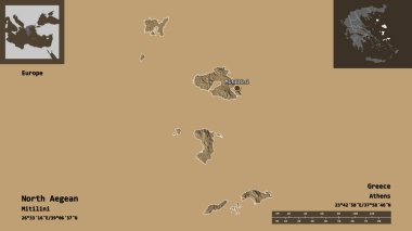 Kuzey Ege 'nin şekli, Yunanistan' ın merkezi yönetilmesi ve başkenti. Uzaklık ölçeği, ön gösterimler ve etiketler. Renkli yükseklik haritası. 3B görüntüleme