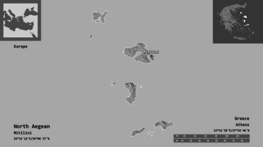Kuzey Ege 'nin şekli, Yunanistan' ın merkezi yönetilmesi ve başkenti. Uzaklık ölçeği, ön gösterimler ve etiketler. Çift seviyeli yükseklik haritası. 3B görüntüleme