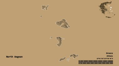 Kuzey Ege 'nin şekli, Yunanistan' ın merkeziyetçilikten arındırılmış yönetimi, sermayesi sağlam arka planda izole edilmiş. Uzaklık ölçeği, bölge önizlemesi ve etiketleri. Renkli yükseklik haritası. 3B görüntüleme