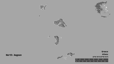 Kuzey Ege 'nin şekli, Yunanistan' ın merkeziyetçilikten arındırılmış yönetimi, sermayesi sağlam arka planda izole edilmiş. Uzaklık ölçeği, bölge önizlemesi ve etiketleri. Çift seviyeli yükseklik haritası. 3B görüntüleme