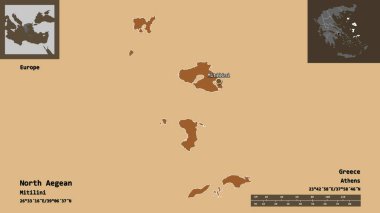 Kuzey Ege 'nin şekli, Yunanistan' ın merkezi yönetilmesi ve başkenti. Uzaklık ölçeği, ön gösterimler ve etiketler. Desenli dokuların bileşimi. 3B görüntüleme