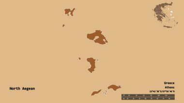 Kuzey Ege 'nin şekli, Yunanistan' ın merkeziyetçilikten arındırılmış yönetimi, sermayesi sağlam arka planda izole edilmiş. Uzaklık ölçeği, bölge önizlemesi ve etiketleri. Desenli dokuların bileşimi. 3B görüntüleme