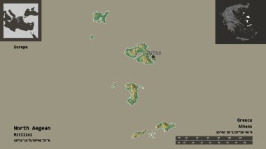 Kuzey Ege 'nin şekli, Yunanistan' ın merkezi yönetilmesi ve başkenti. Uzaklık ölçeği, ön gösterimler ve etiketler. Topografik yardım haritası. 3B görüntüleme