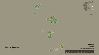 Kuzey Ege 'nin şekli, Yunanistan' ın merkeziyetçilikten arındırılmış yönetimi, sermayesi sağlam arka planda izole edilmiş. Uzaklık ölçeği, bölge önizlemesi ve etiketleri. Topografik yardım haritası. 3B görüntüleme