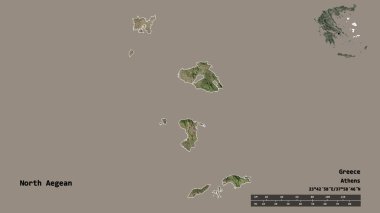 Kuzey Ege 'nin şekli, Yunanistan' ın merkeziyetçilikten arındırılmış yönetimi, sermayesi sağlam arka planda izole edilmiş. Uzaklık ölçeği, bölge önizlemesi ve etiketleri. Uydu görüntüleri. 3B görüntüleme