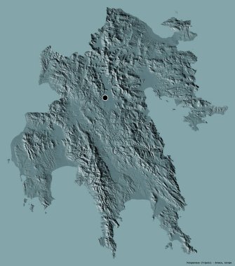 Yunanistan 'ın merkezi yönetim merkezi olmayan Peloponnese' nin şekli, sermayesi sağlam bir renk arkaplanına sahip. Renkli yükseklik haritası. 3B görüntüleme