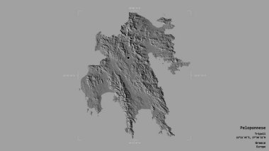 Yunanistan 'ın merkezi olmayan Peloponnese bölgesi, katı bir arka planda izole edilmiş bir sınır kutusunda. Etiketler. Çift seviyeli yükseklik haritası. 3B görüntüleme
