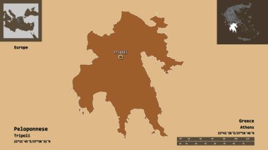Peloponnese 'nin şekli, Yunanistan' ın merkezi yönetim ve başkenti. Uzaklık ölçeği, ön gösterimler ve etiketler. Desenli dokuların bileşimi. 3B görüntüleme