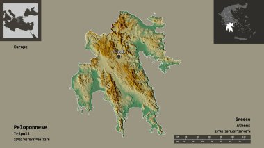 Peloponnese 'nin şekli, Yunanistan' ın merkezi yönetim ve başkenti. Uzaklık ölçeği, ön gösterimler ve etiketler. Topografik yardım haritası. 3B görüntüleme
