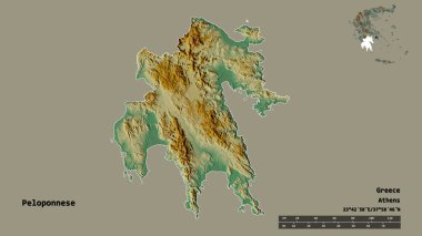 Yunanistan 'ın merkezi yönetim merkezi olmayan Peloponnese' nin şekli, sermayesi sağlam bir arka planda izole edilmiş. Uzaklık ölçeği, bölge önizlemesi ve etiketleri. Topografik yardım haritası. 3B görüntüleme
