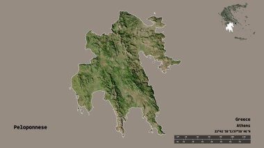 Yunanistan 'ın merkezi yönetim merkezi olmayan Peloponnese' nin şekli, sermayesi sağlam bir arka planda izole edilmiş. Uzaklık ölçeği, bölge önizlemesi ve etiketleri. Uydu görüntüleri. 3B görüntüleme
