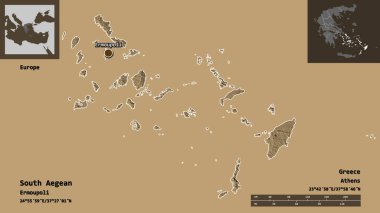 Güney Ege 'nin şekli, Yunanistan' ın merkezi yönetimleri ve başkenti. Uzaklık ölçeği, ön gösterimler ve etiketler. Renkli yükseklik haritası. 3B görüntüleme