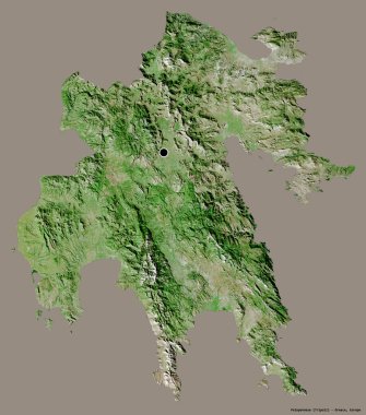 Yunanistan 'ın merkezi yönetim merkezi olmayan Peloponnese' nin şekli, sermayesi sağlam bir renk arkaplanına sahip. Uydu görüntüleri. 3B görüntüleme