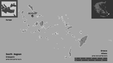 Güney Ege 'nin şekli, Yunanistan' ın merkezi yönetimleri ve başkenti. Uzaklık ölçeği, ön gösterimler ve etiketler. Çift seviyeli yükseklik haritası. 3B görüntüleme