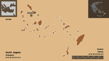 Güney Ege 'nin şekli, Yunanistan' ın merkezi yönetimleri ve başkenti. Uzaklık ölçeği, ön gösterimler ve etiketler. Desenli dokuların bileşimi. 3B görüntüleme