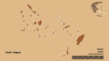 Güney Ege 'nin şekli, Yunanistan' ın merkeziyetçilikten arındırılmış yönetimi, sermayesi sağlam arka planda izole edilmiş. Uzaklık ölçeği, bölge önizlemesi ve etiketleri. Desenli dokuların bileşimi. 3B görüntüleme